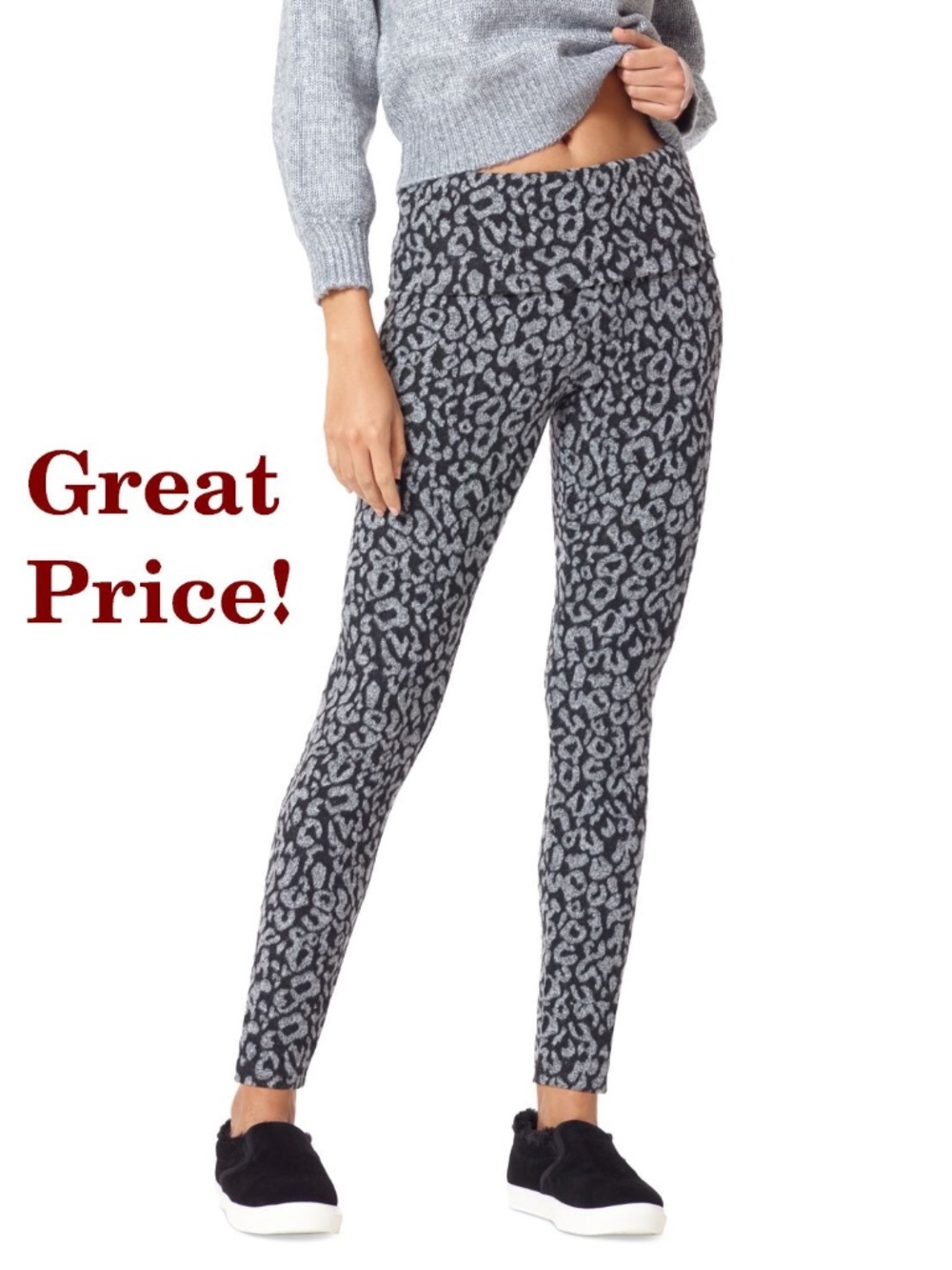 NWT Hue Women's Fold Over Wide Waistband Ultra Brushed Leopard Ankle Leggings M